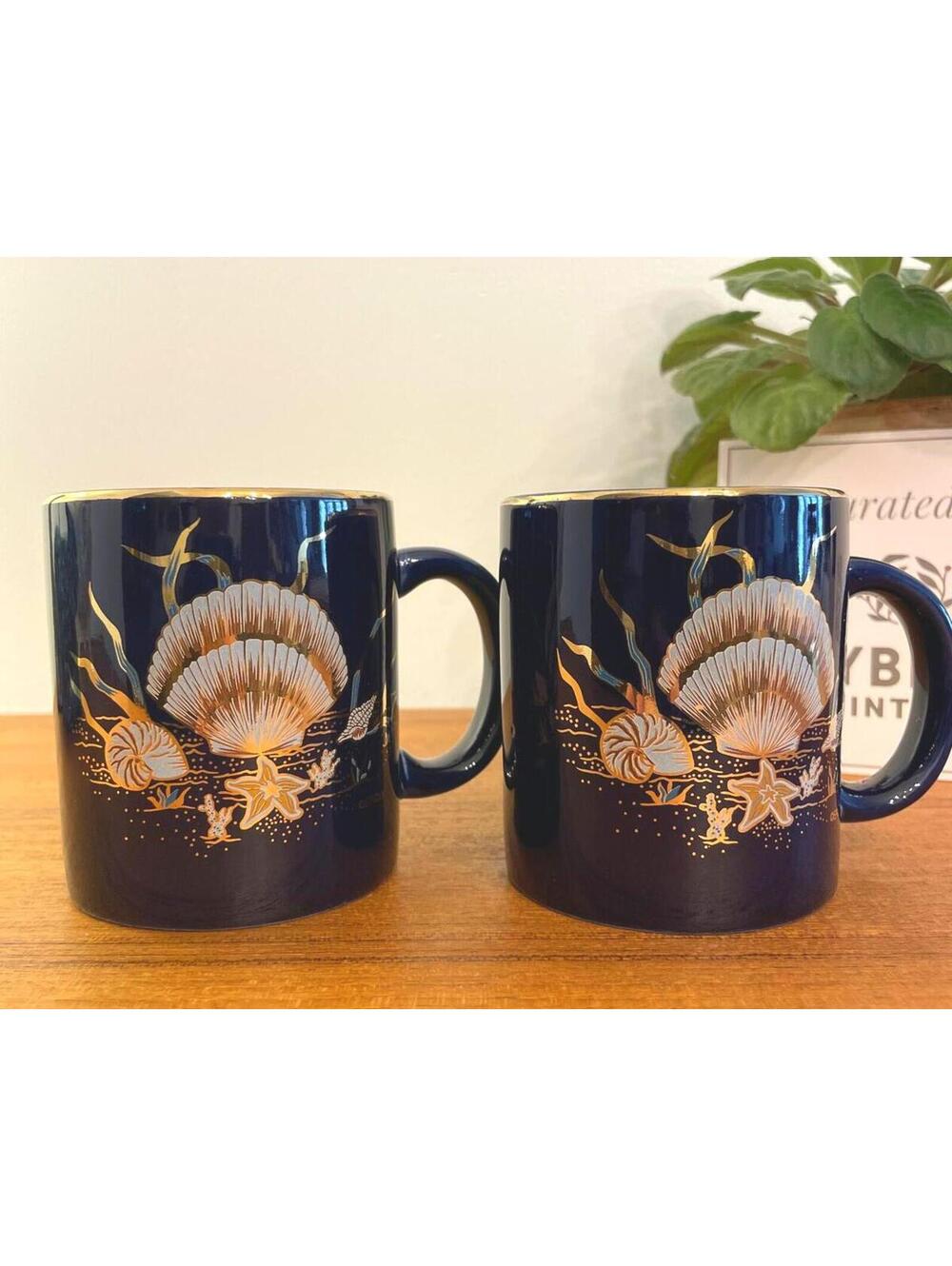 Vintage Navy Blue Shell Mugs Gold Gilt Coastal Ceramic Set of 2